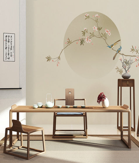 Wall Mural with Floral-Bird Design